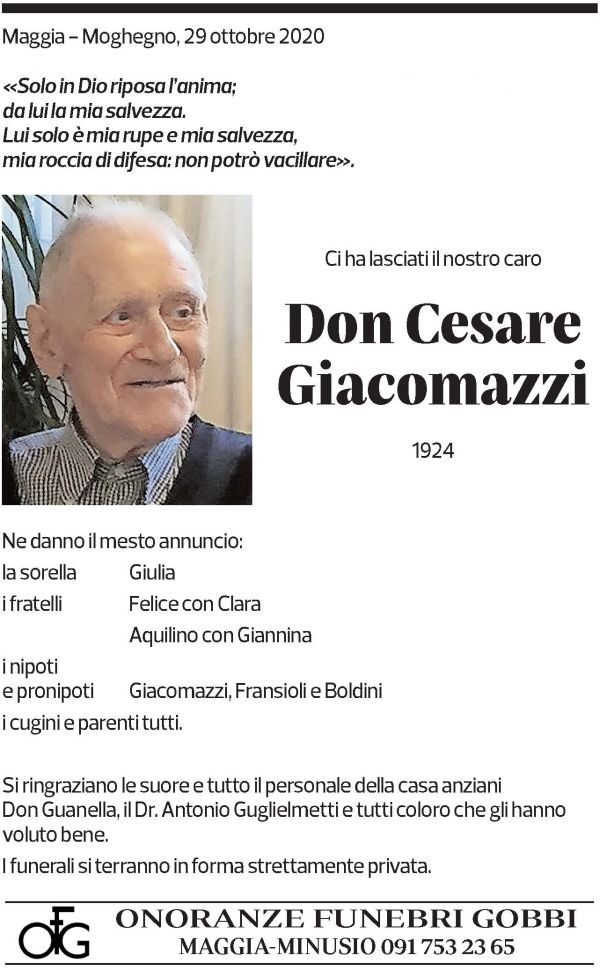 Annuncio funebre Don Cesare Giacomazzi
