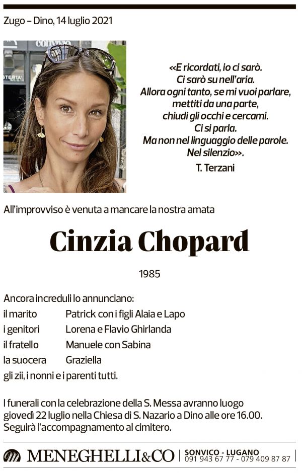 Annuncio funebre Cinzia Chopard