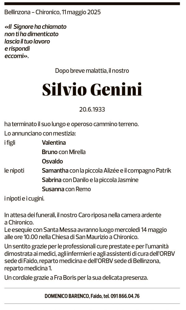 Annuncio funebre Silvia Genini