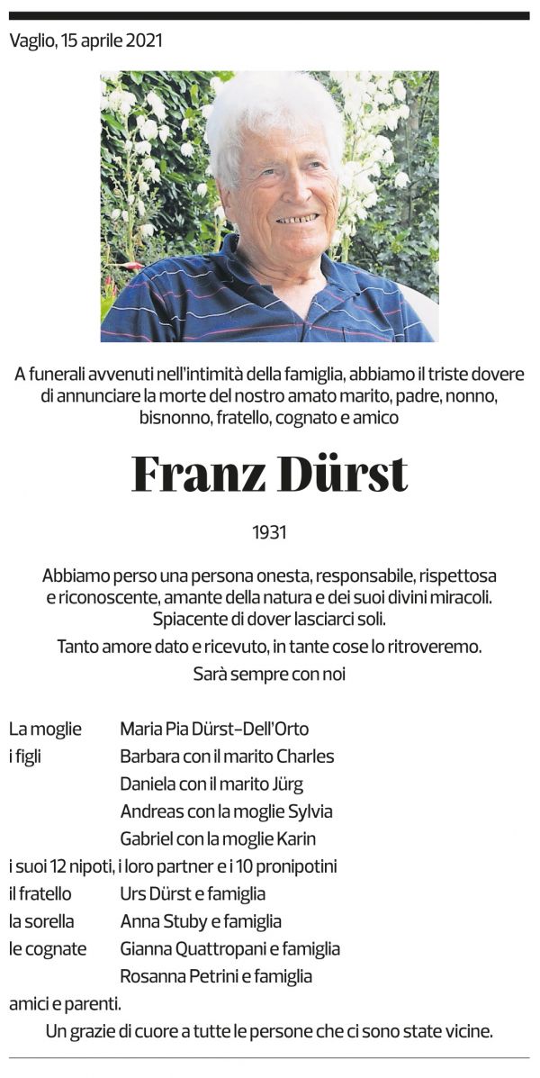 Annuncio funebre Franz Dürst