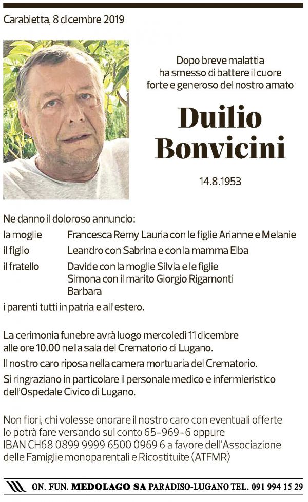 Annuncio funebre Duilio Bonvicini