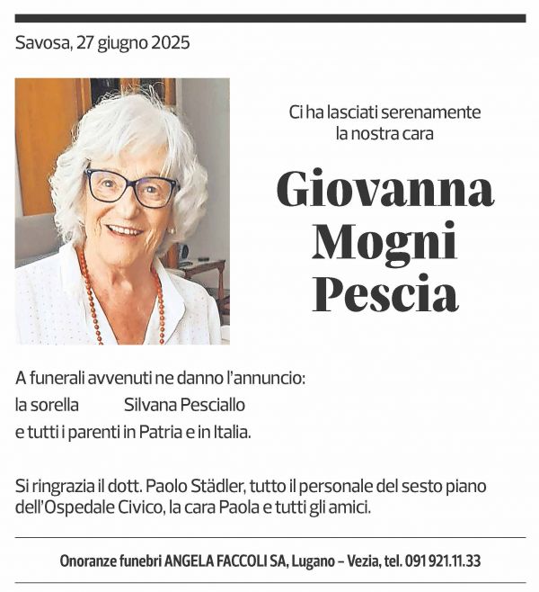 Annuncio funebre Giovanna Mogni Pescia