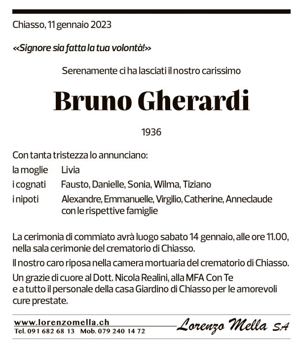 Annuncio funebre Bruno Gherardi