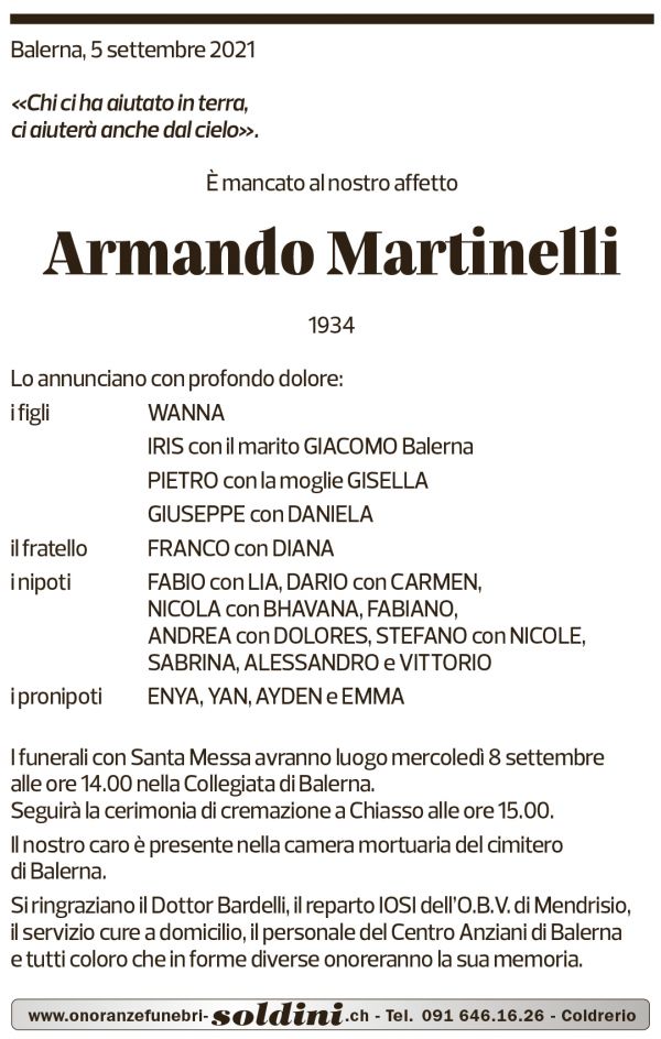 Annuncio funebre Armando Martinelli