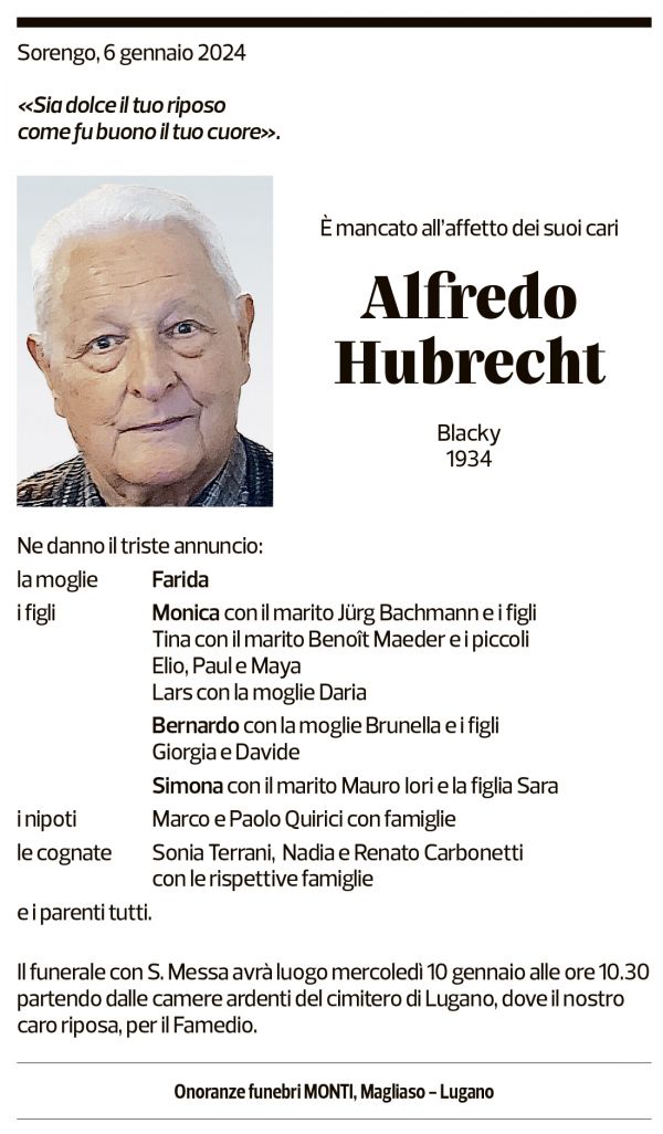 Annuncio funebre Alfredo Hubrecht