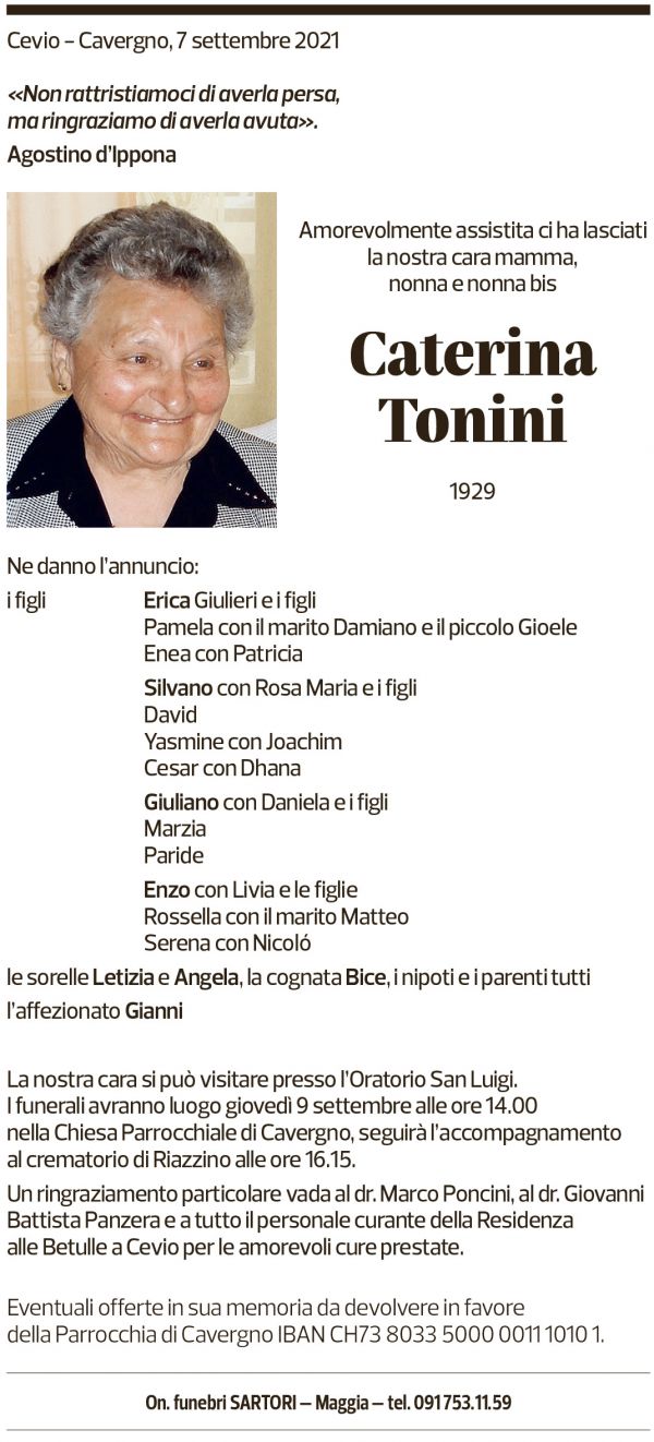 Annuncio funebre Caterina Tonini