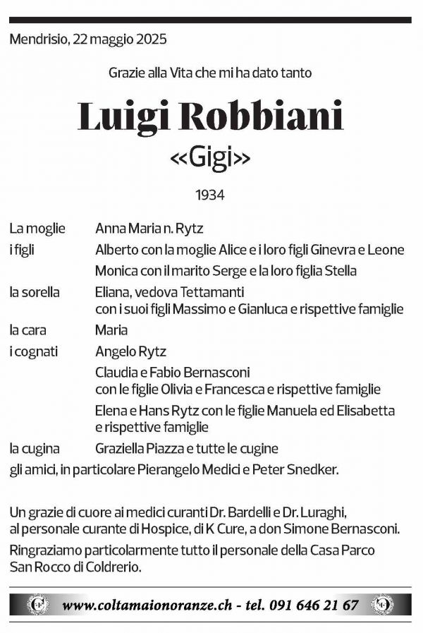 Annuncio funebre Luigi Robbiani