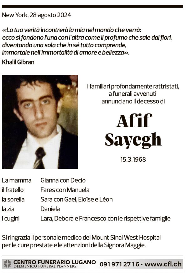 Annuncio funebre Afif Sayegh