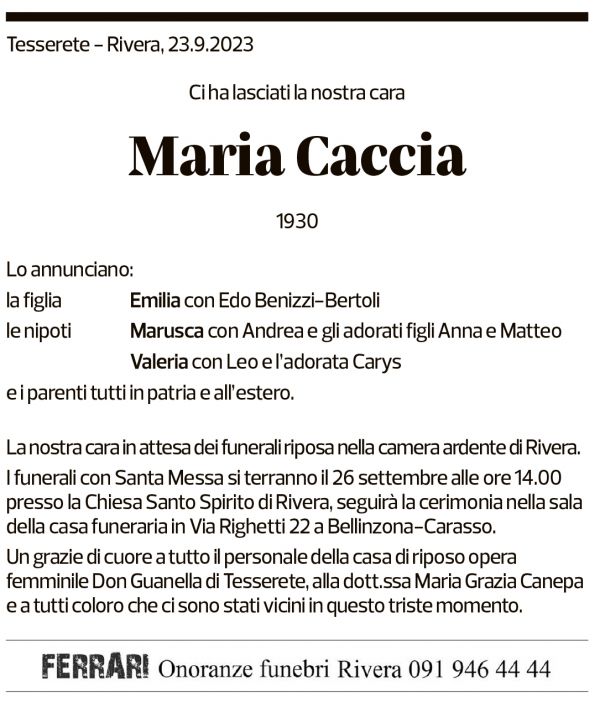 Annuncio funebre Maria Caccia