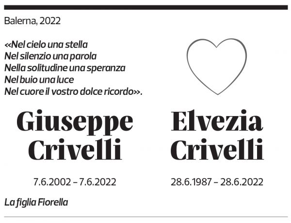 Annuncio funebre Giuseppe Elvezia Crivelli