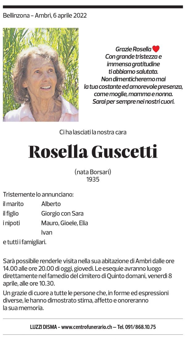 Annuncio funebre Rosella Guscetti