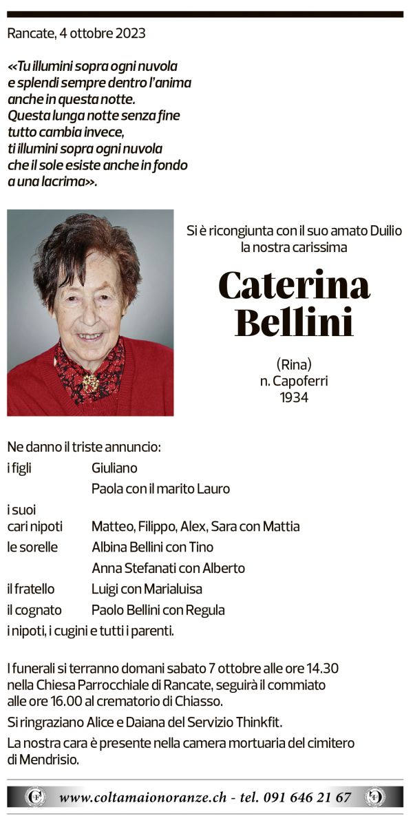 Annuncio funebre Caterina Bellini