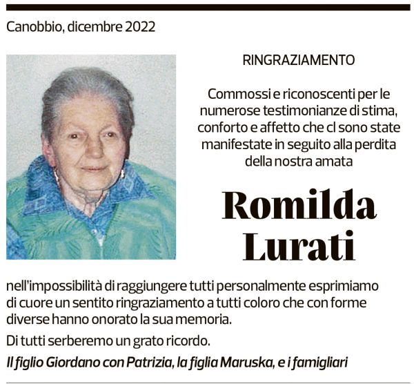 Annuncio funebre Romilda Lurati