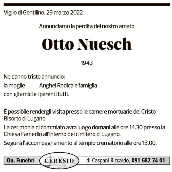 Annuncio funebre Otto Nuesch