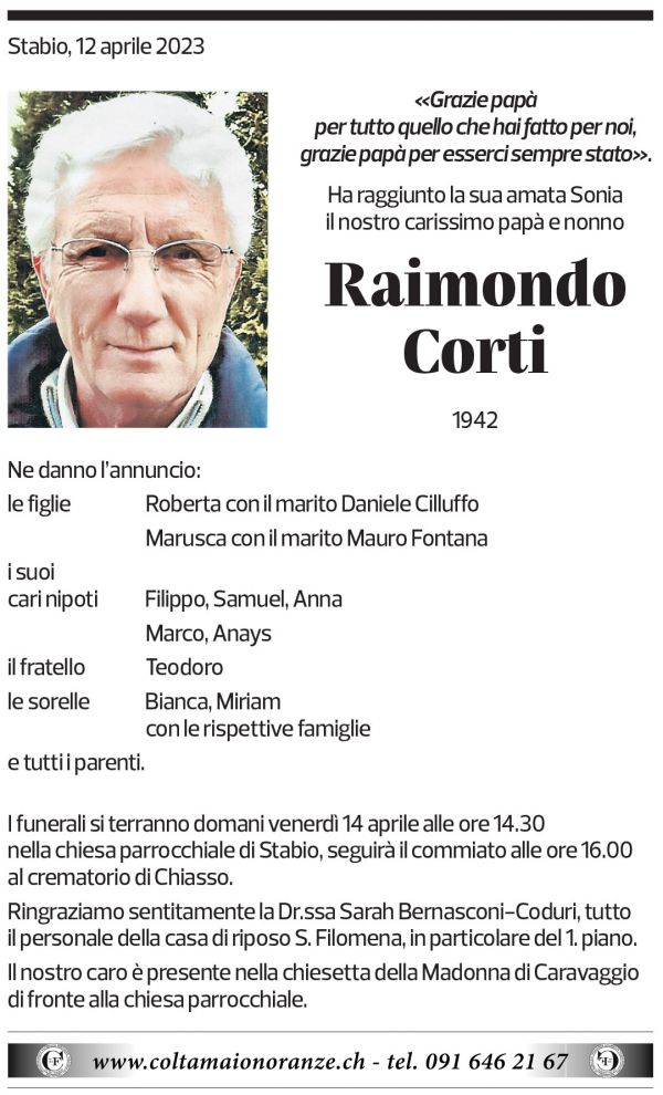 Annuncio funebre Raimondo Corti