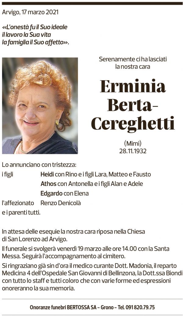 Annuncio funebre Erminia-berta Cereghetti