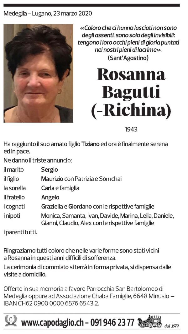 Annuncio funebre Rosanna Bagutti