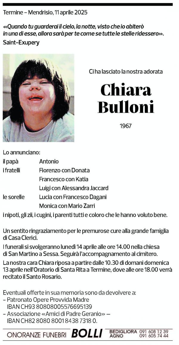 Annuncio funebre Chiara Bulloni