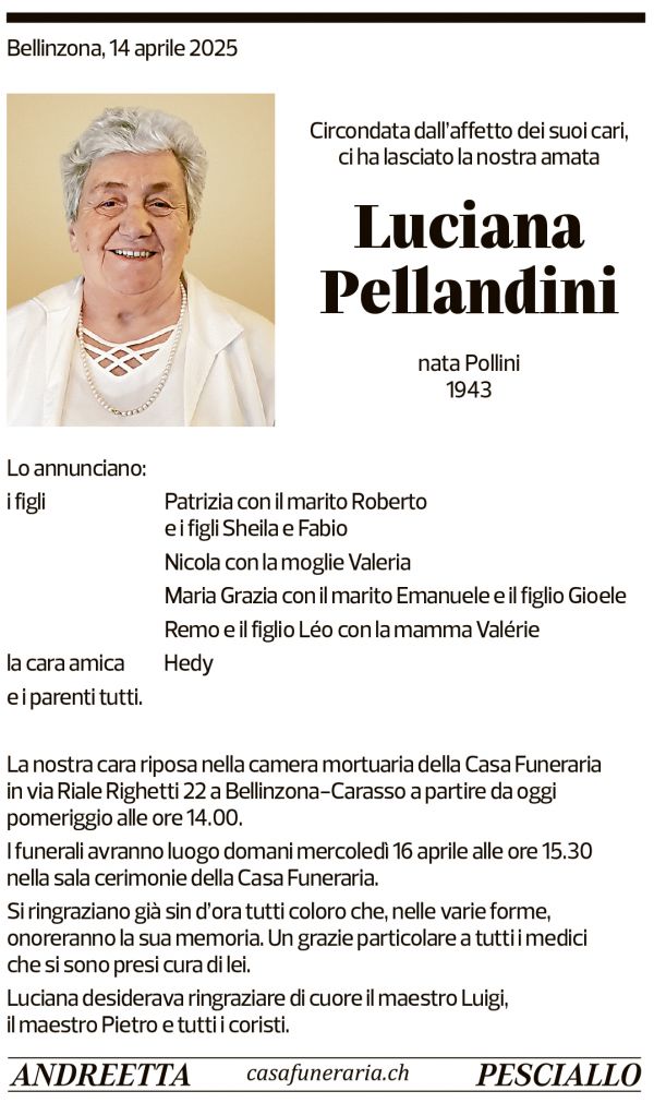 Annuncio funebre Luciana Pellandini