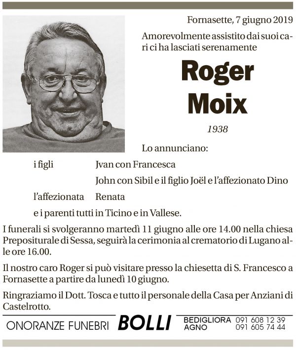 Annuncio funebre Roger Moix