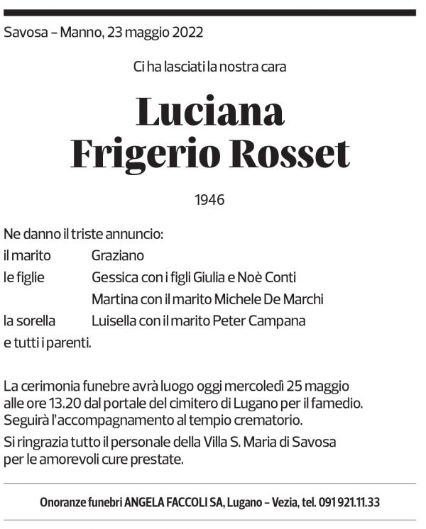 Annuncio funebre Luciana Frigerio Rosset