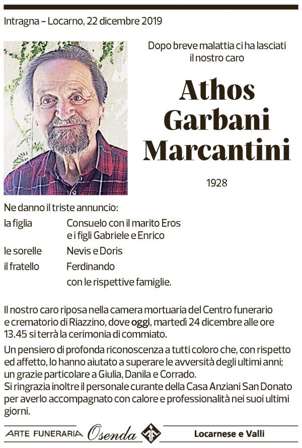 Annuncio funebre Athos Garbani Marcantini