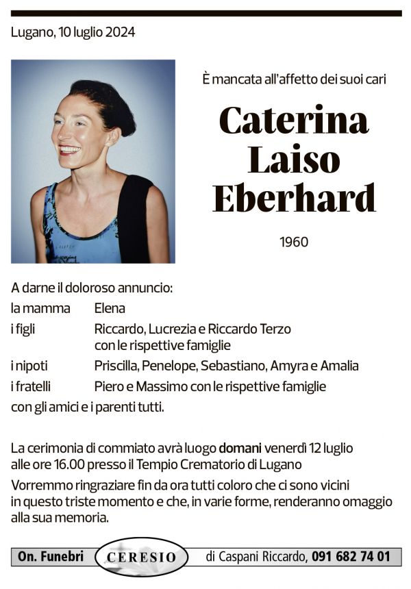 Annuncio funebre Caterina Laiso Eberhard