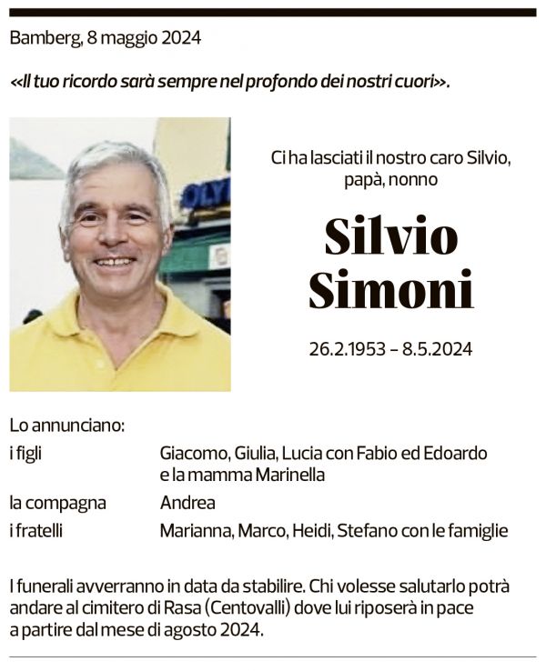 Annuncio funebre Silvio Simoni