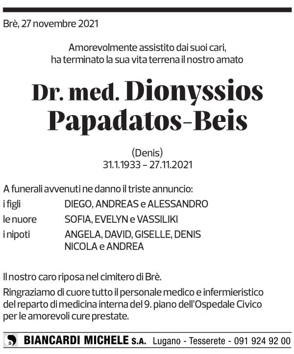 Annuncio funebre Dionyssios Papadatos-beis