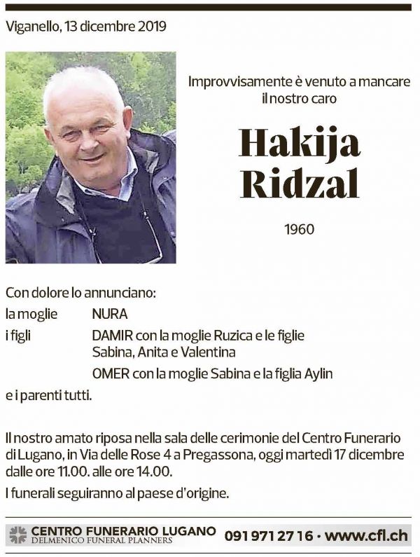 Annuncio funebre Hakija Ridzal