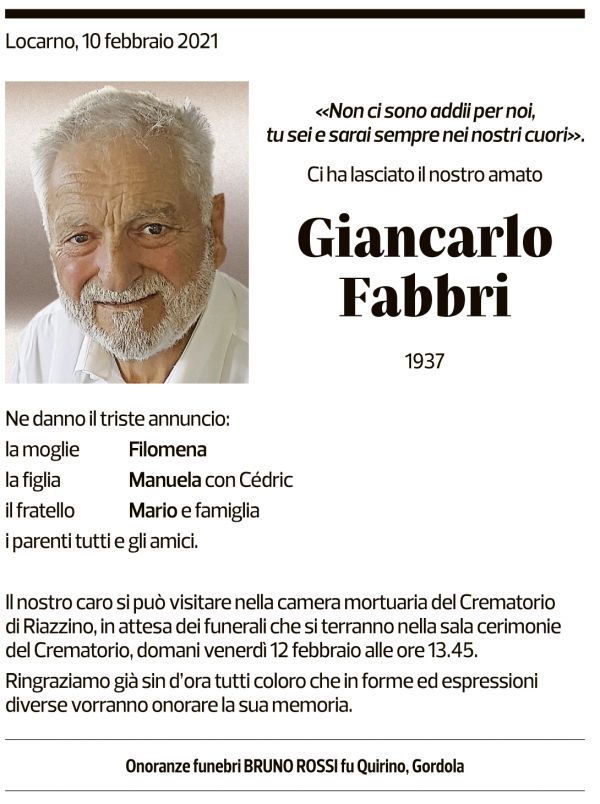 Annuncio funebre Giancarlo Fabbri