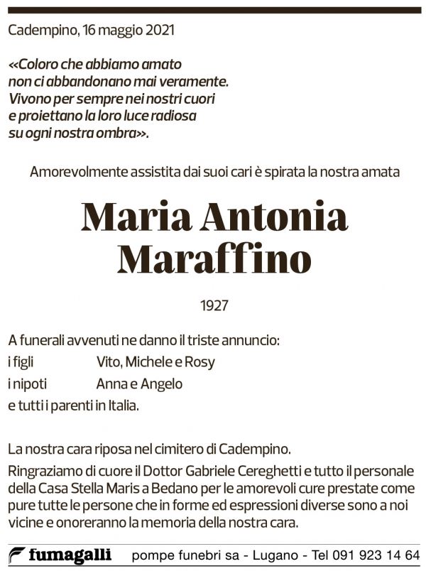 Annuncio funebre Maria Antonia Maraffino