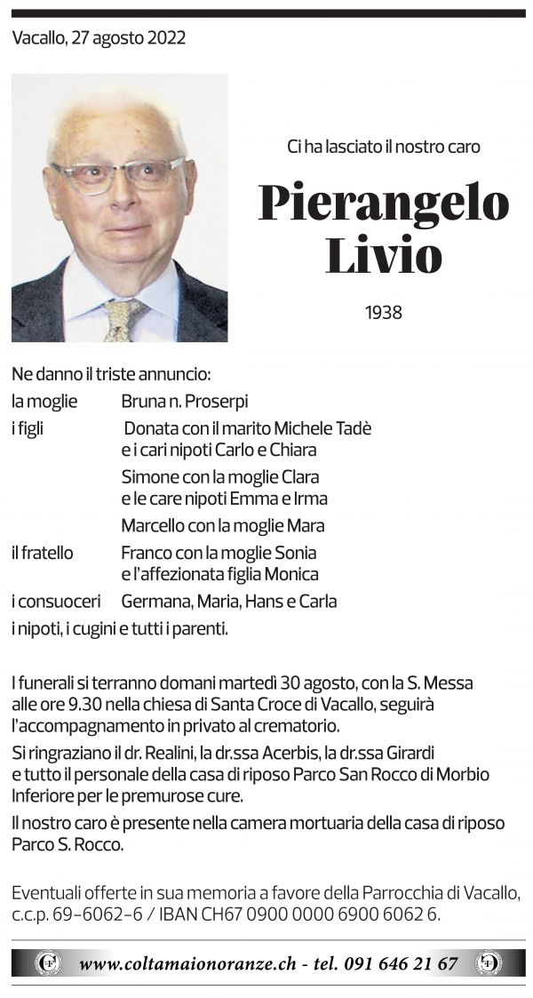 Annuncio funebre Pierangelo Livio