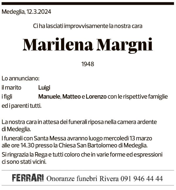 Annuncio funebre Marilena Margni