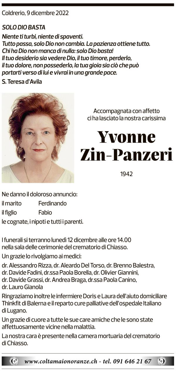 Annuncio funebre Yvonne Zin-panzeri