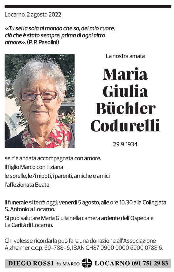 Annuncio funebre Maria Giulia Büchler Codurelli