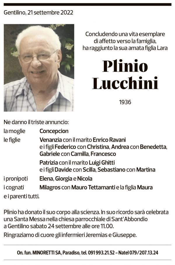 Annuncio funebre Plinio Lucchini