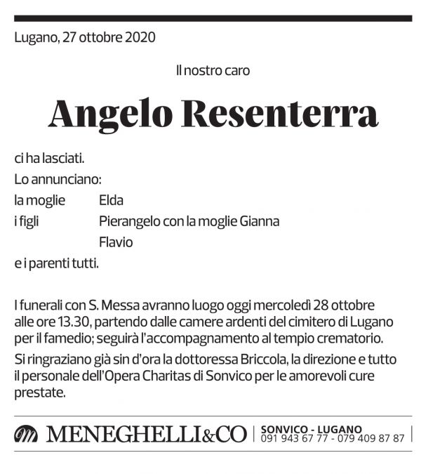 Annuncio funebre Angelo Resenterra