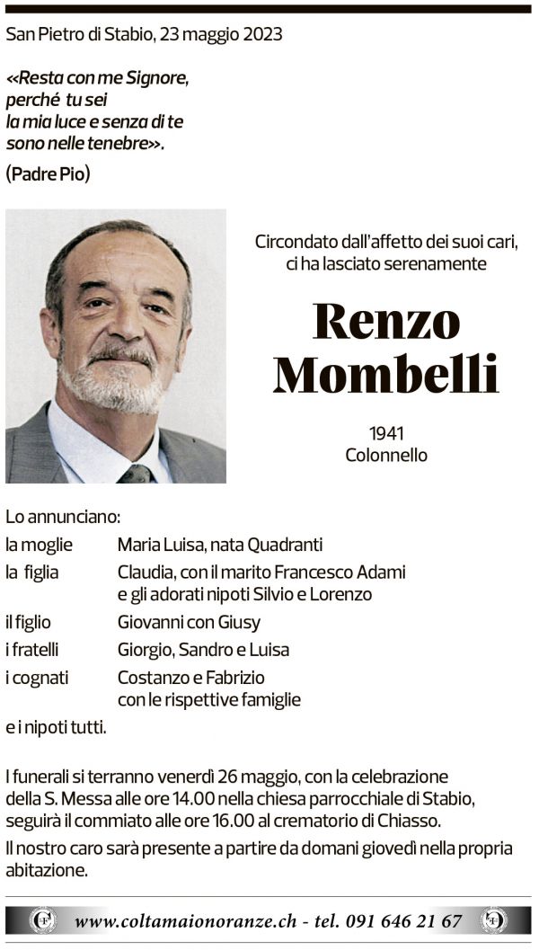 Annuncio funebre Renzo Mombelli