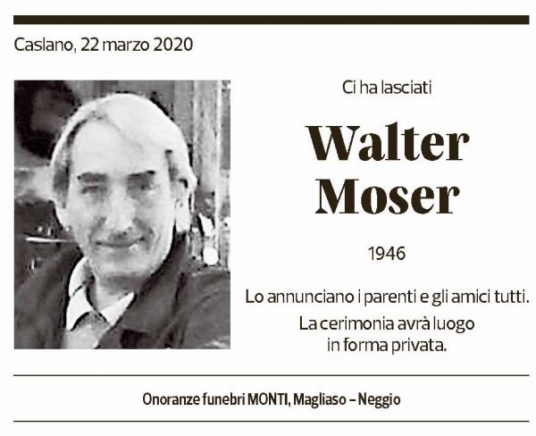 Annuncio funebre Walter Moser