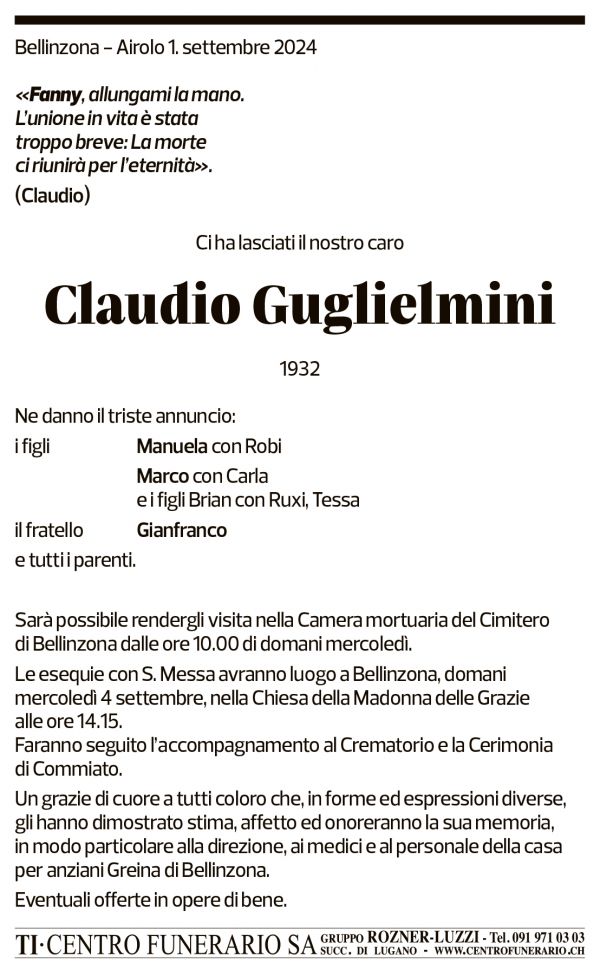 Annuncio funebre Claudio Guglielmini