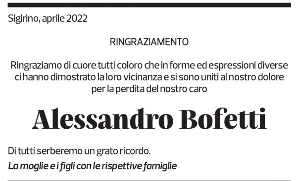 Annuncio funebre Alessandro Bofetti