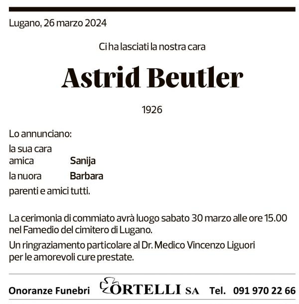 Annuncio funebre Astrid Beutler