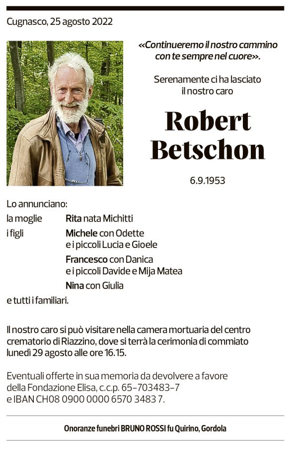 Annuncio funebre Robert Betschon