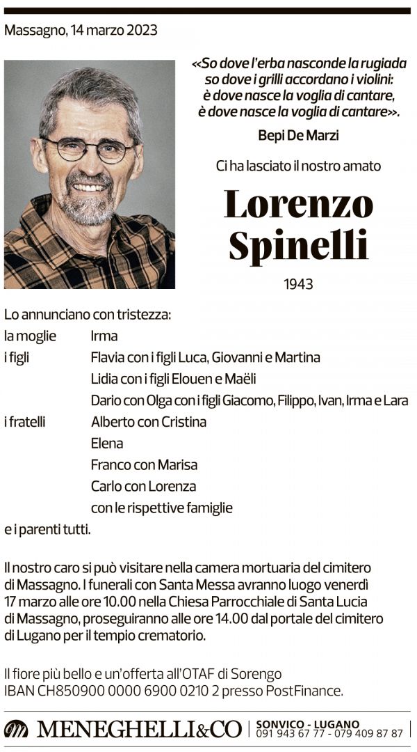 Annuncio funebre Lorenzo Spinelli