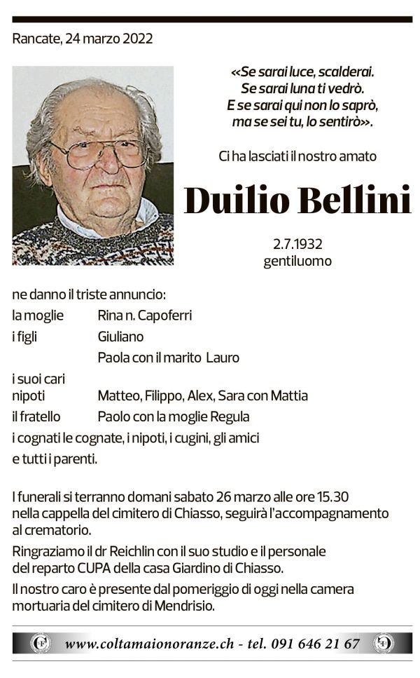 Annuncio funebre Duilio Bellini