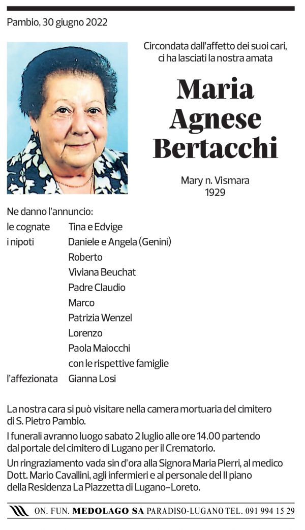 Annuncio funebre Maria Agnese Bertacchi