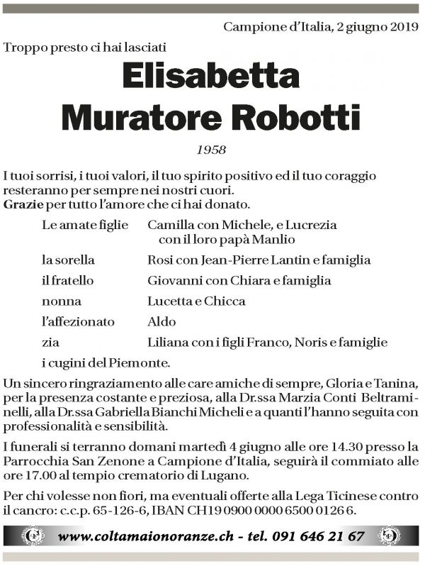 Annuncio funebre Elisabetta Muratore Robotti
