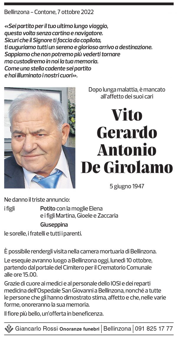 Annuncio funebre Vito Gerardo Antonio De Girolamo