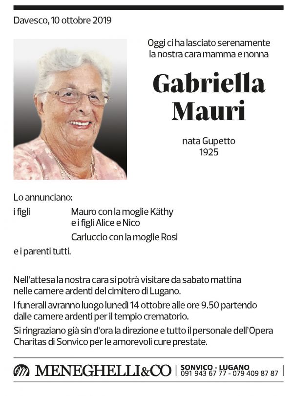Annuncio funebre Gabriella Mauri